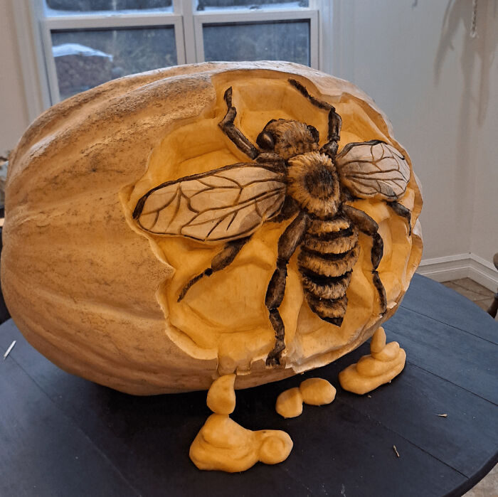 Intricately carved pumpkin featuring a detailed bee design showcasing impressive DIY wins and creativity.