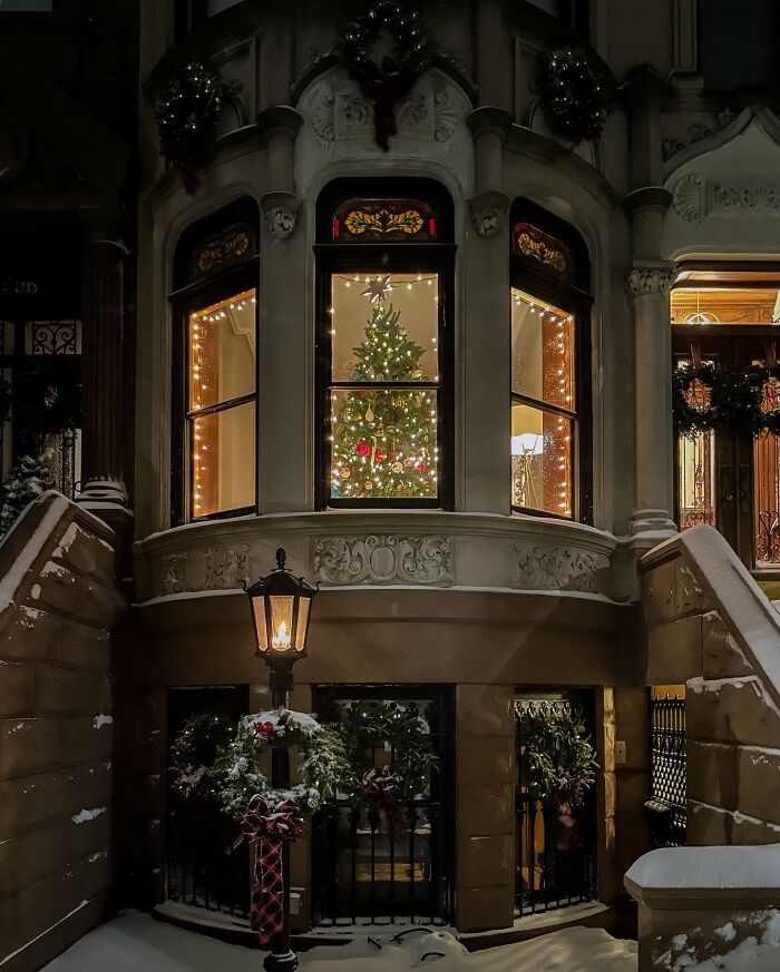 Beautiful architecture of a house adorned with Christmas lights and a tree, creating a festive, almost unreal atmosphere.