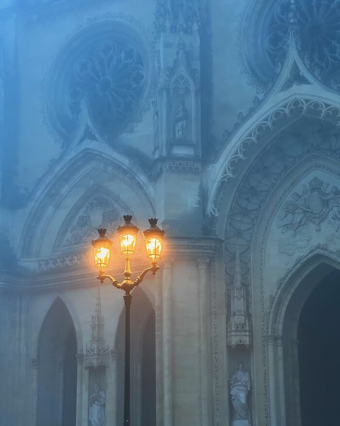 Mysterious gothic architecture shrouded in mist, with a glowing street lamp illuminating the intricate facade.