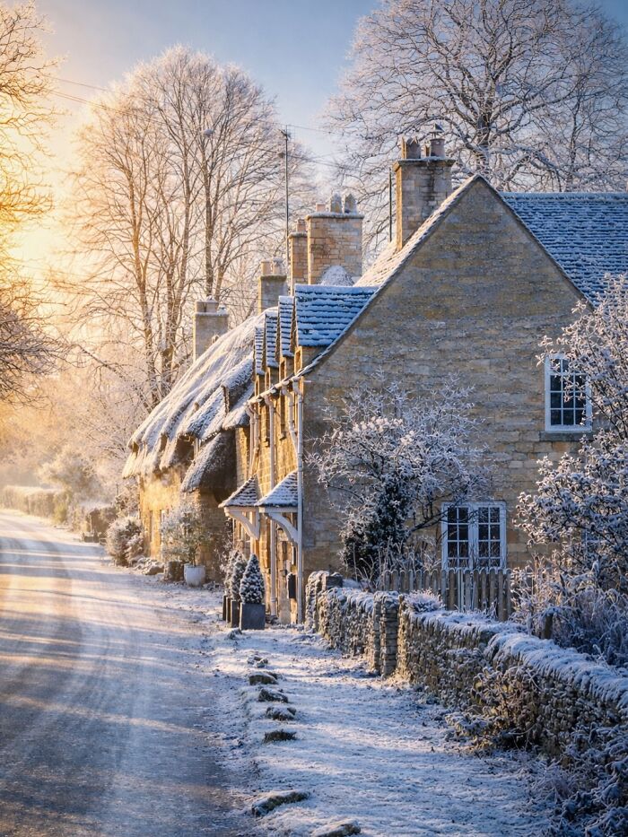 Charming snow-covered architecture of traditional cottages lining a road, bathed in soft morning light.