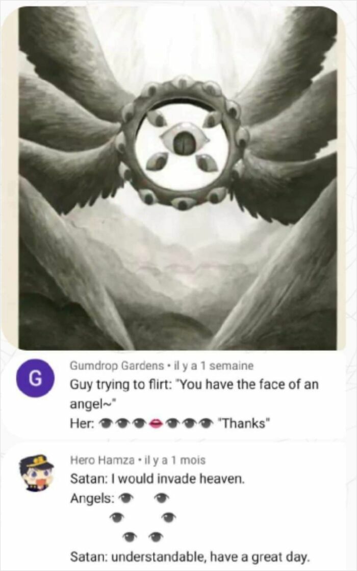 Black and white surreal art with wings and eye, featuring funny social media comebacks and comments about angels and Satan.