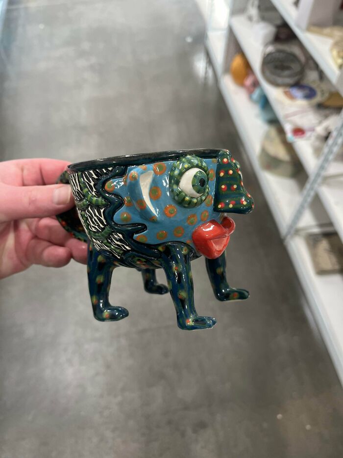 Colorful ceramic animal-shaped mug with a whimsical design, discovered among thrift store finds that feel like treasure.