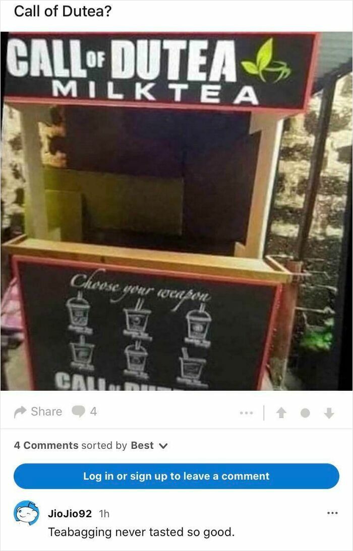 Social media comeback humor on a milk tea shop sign parodying a popular video game title.