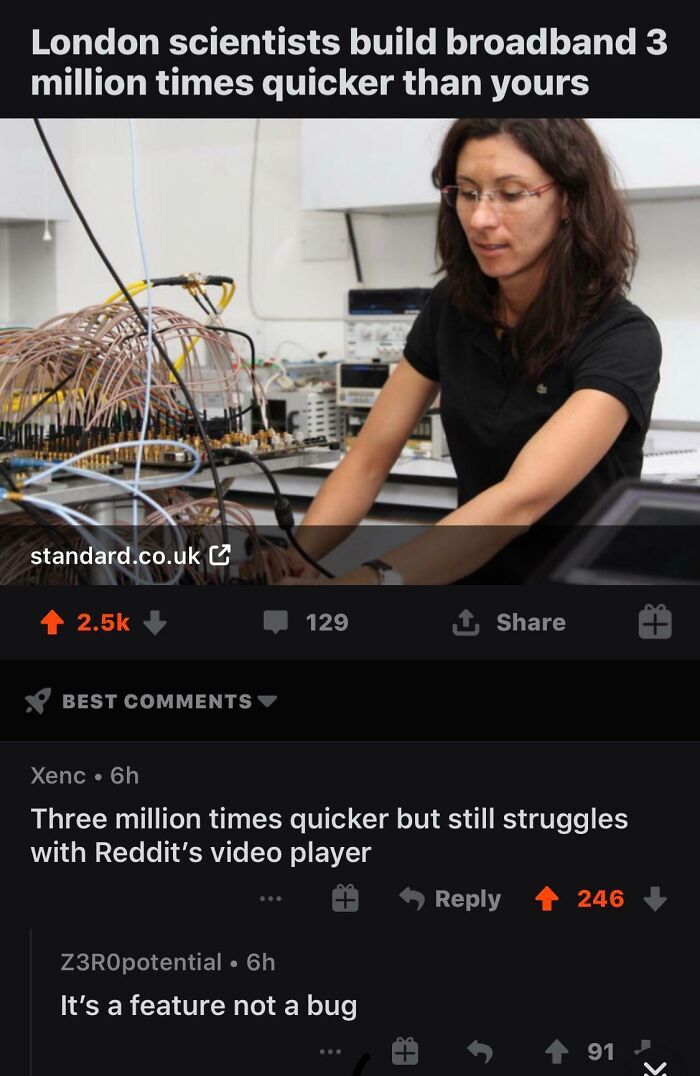 Woman scientist working on advanced broadband equipment with social media comebacks and comments below.