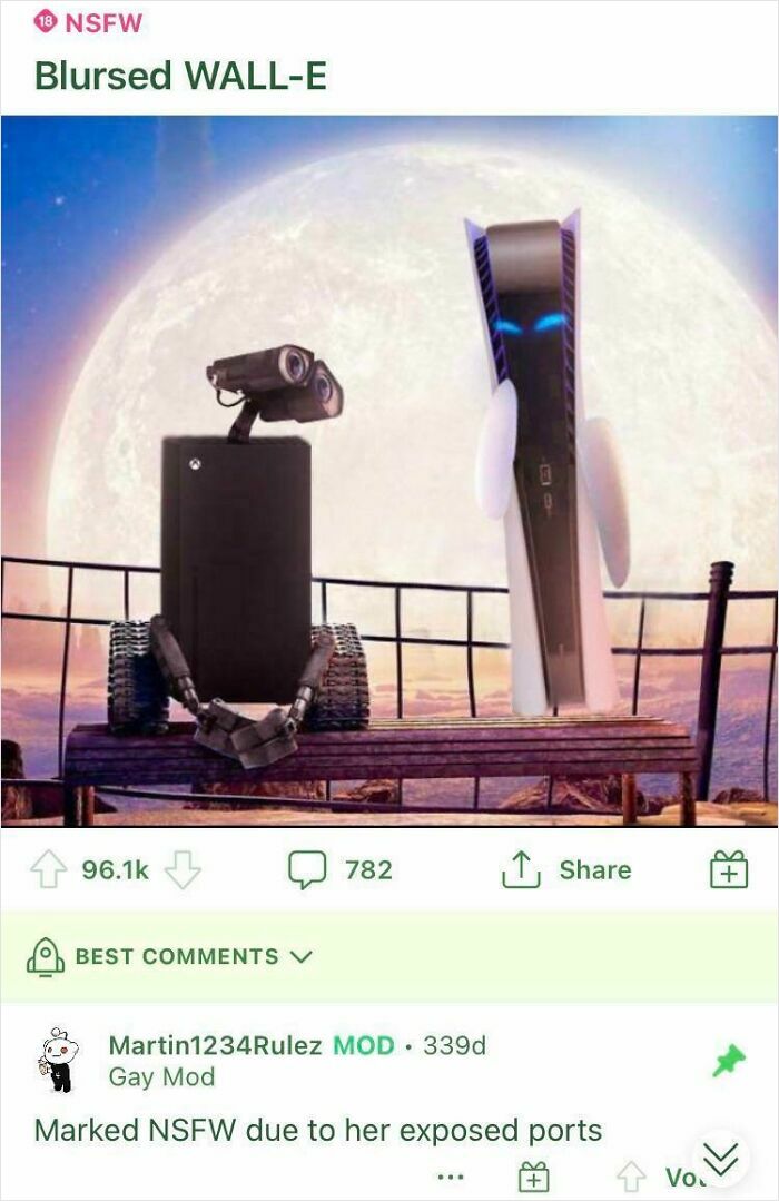 Blursed WALL-E meme featuring gaming consoles with humorous social media comeback and comment about exposed ports.