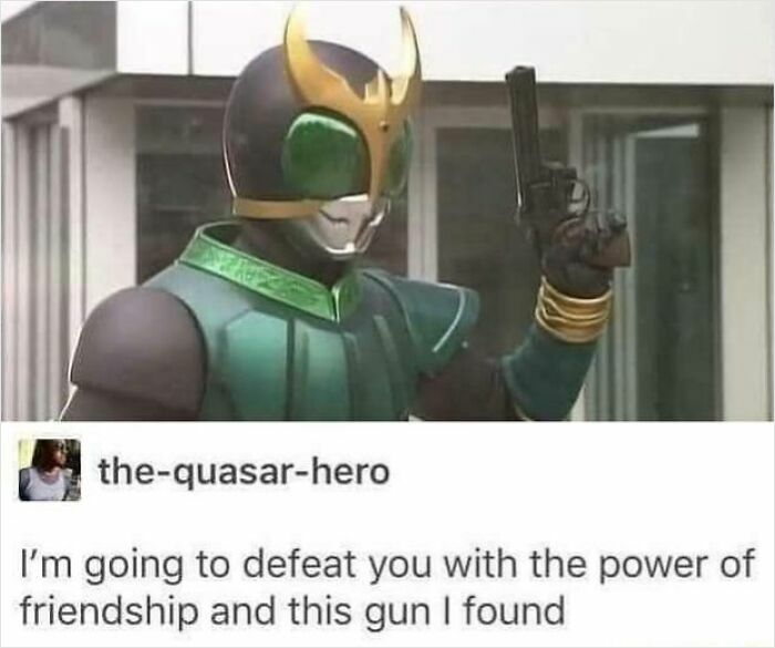 Masked character holding a gun with a humorous social media comeback about friendship and a found gun.