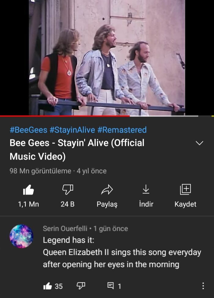 Screenshot of Bee Gees Stayin' Alive music video with a social media comment showcasing one of the best comebacks and comments.