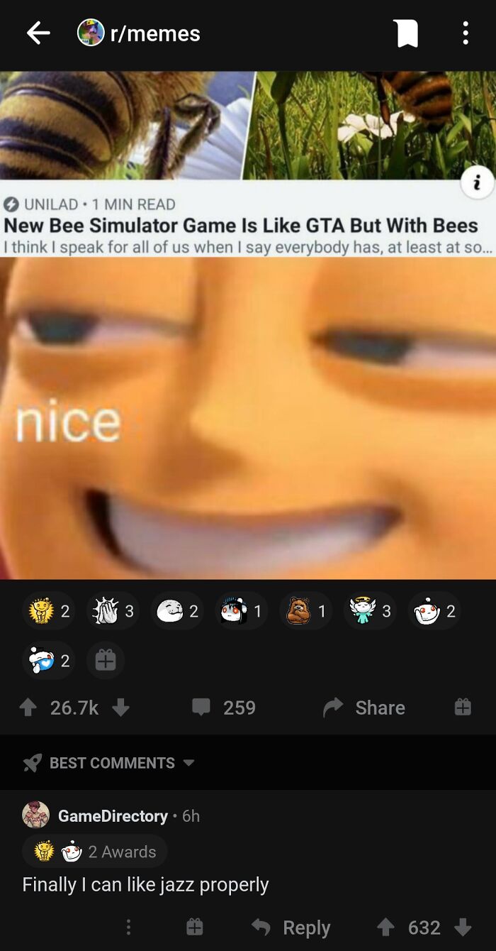 Reddit meme post with a funny comeback about a bee simulator game, highlighting social media best comebacks and comments.