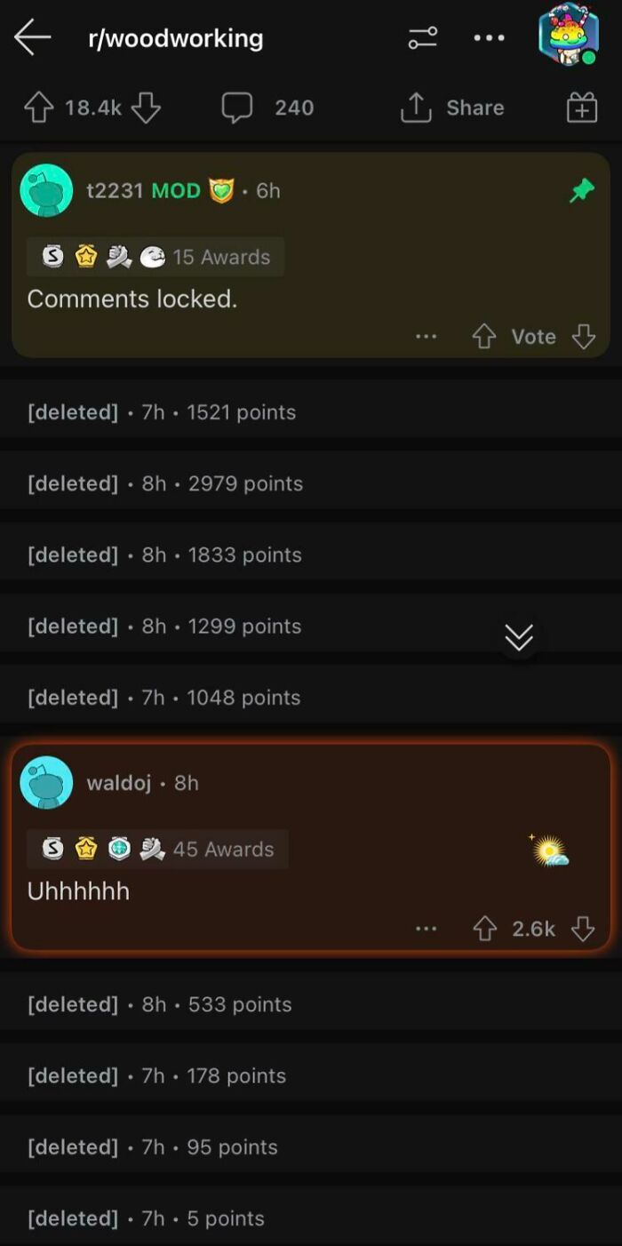 Reddit woodworking thread showing deleted comments and a highlighted comment with many awards as a top social media comeback.