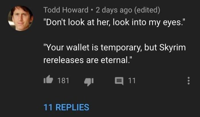 Screenshot of a social media comeback about Skyrim highlighting some of the best comebacks and comments.