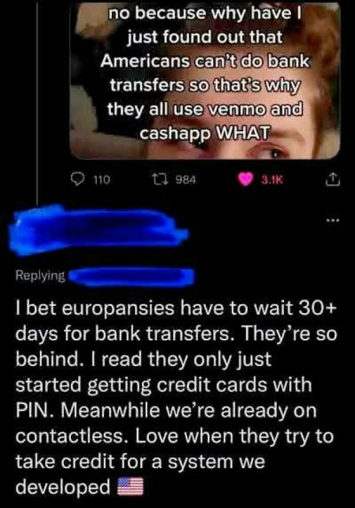 A comment thread where Americans confidently claim Europe has outdated bank transfers and credit cards.