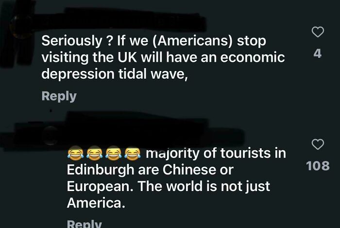 Comment thread about Americans confidently asserting their tourism dominates the UK economy.