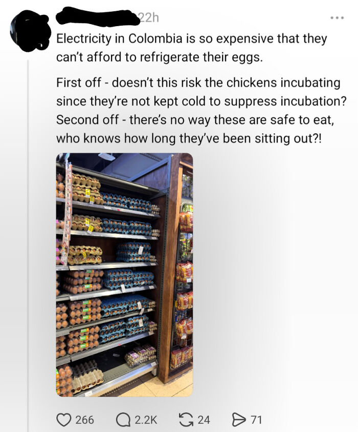 A tweet from an American mistakenly claiming Colombia cannot afford to refrigerate eggs due to high electricity costs.