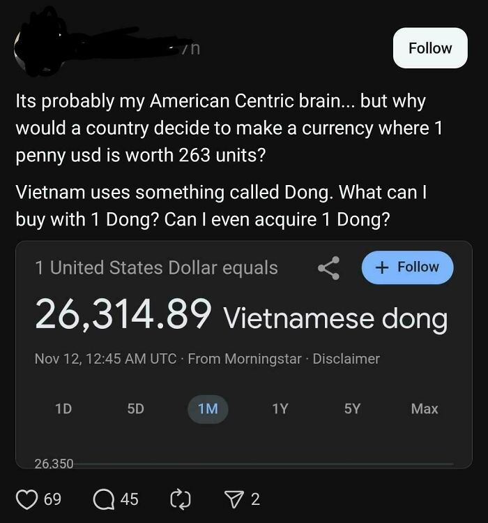 An online post where an American questions why Vietnam uses a currency where 1 USD equals 26,314 Vietnamese dong.