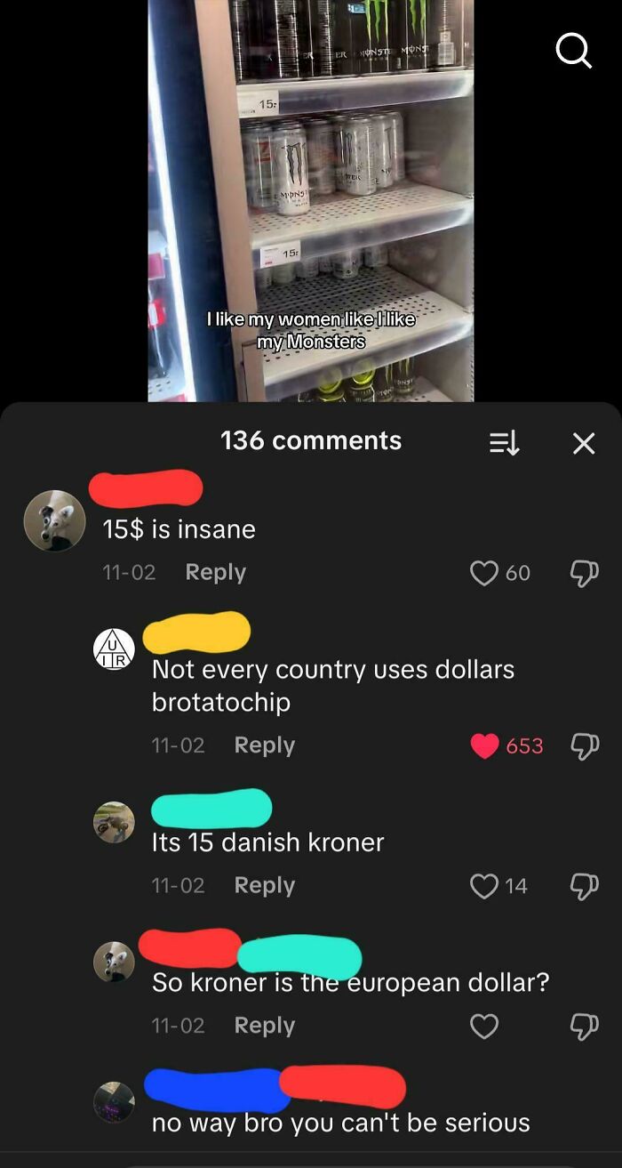 TikTok comments where an American user asks if Danish kroner is the European dollar, showcasing cluelessness.