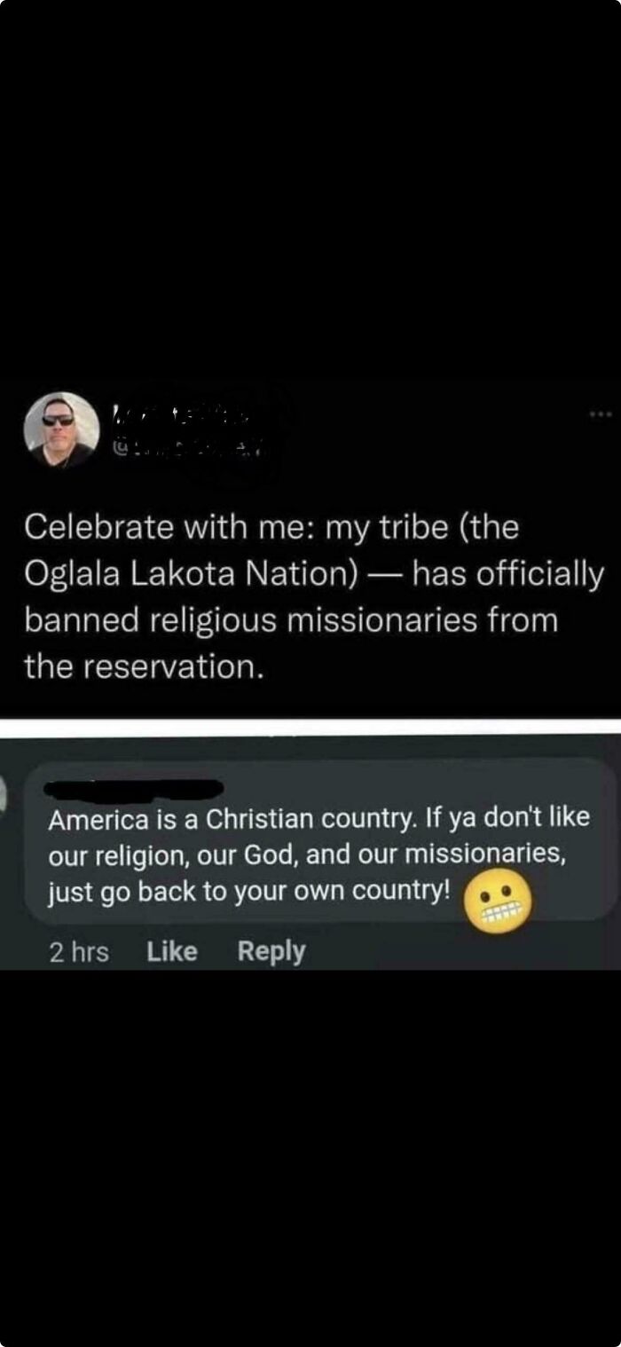 A social media post where an American commenter mistakenly tells a Native American to go back to their own country.