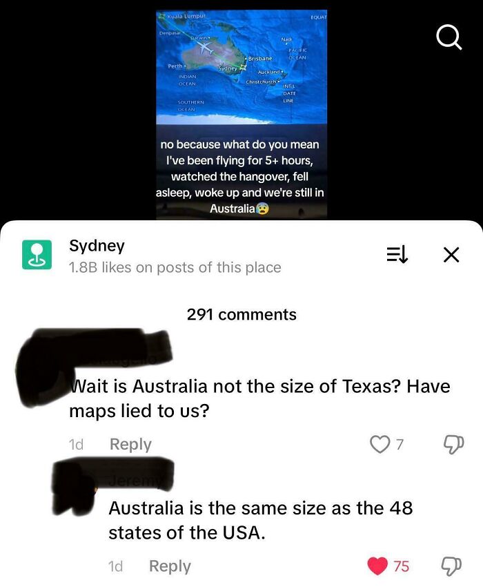 A comment thread showing Americans confidently posting a misconception about the size of Australia.