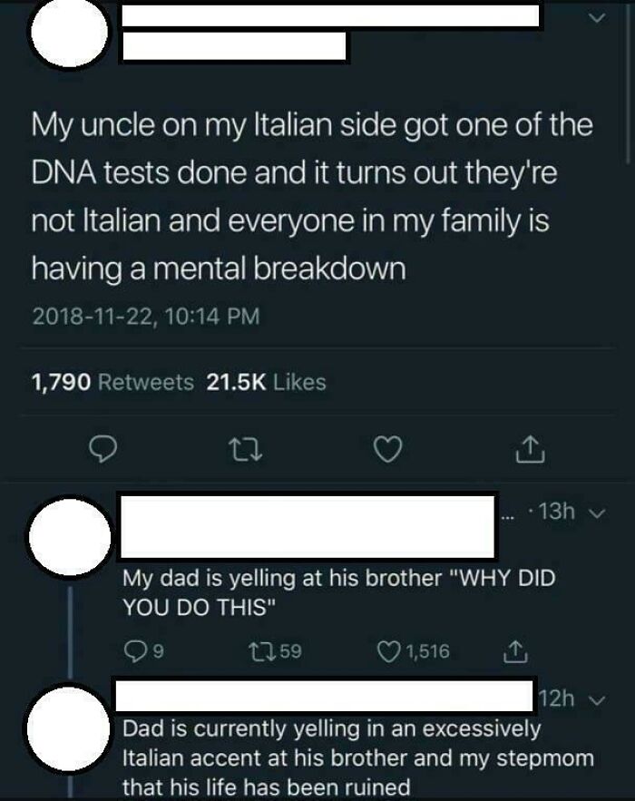 A Twitter post about an American family having a meltdown after a DNA test reveals they are not actually Italian