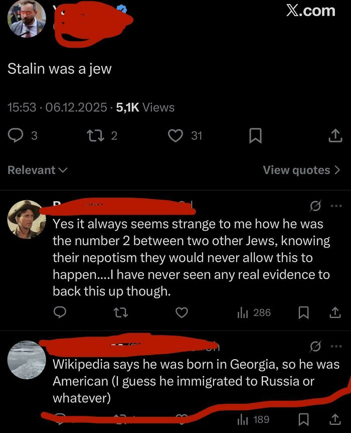 A social media thread where an American confidently claims Joseph Stalin was from the US state of Georgia