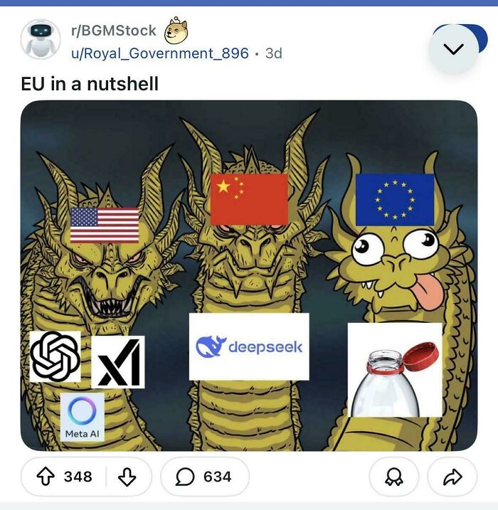 A meme with three dragons where the American and Chinese dragons look fierce, while the EU dragon looks silly
