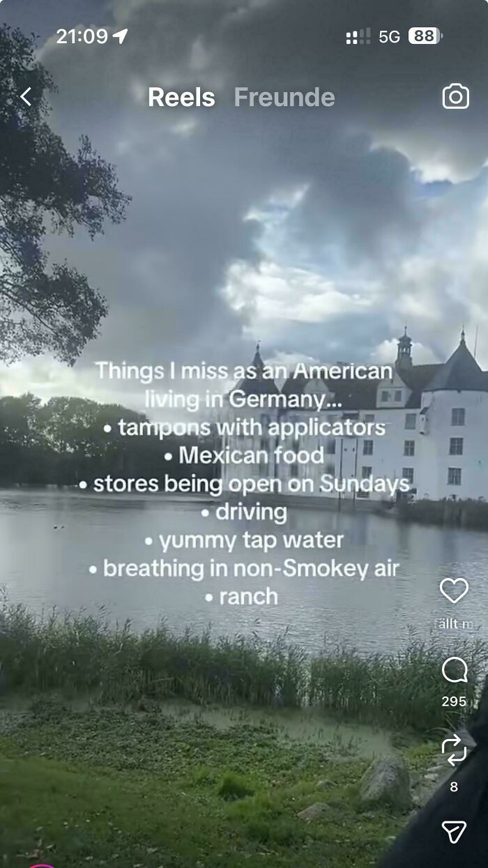 Social media post by an American confidently listing things they miss about the US while living in Germany