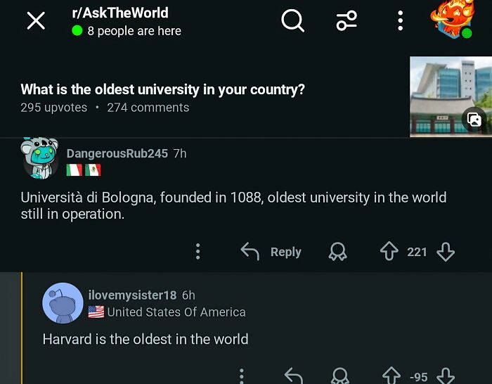 A Reddit thread from Americans Confidently Posted Dumbest Things claiming Harvard is the oldest university in the world.