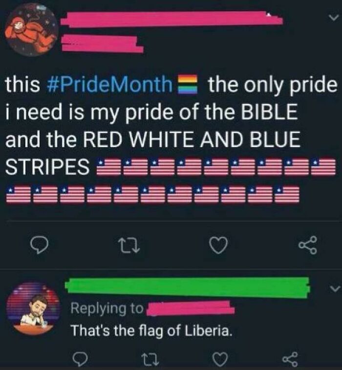 A tweet where Americans Confidently Posted Dumbest Things by mistaking the Liberian flag for the US flag.