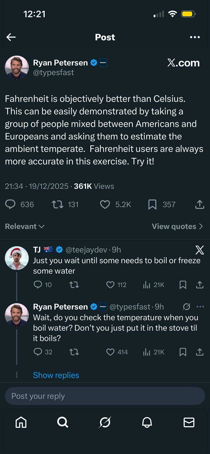 An X post from Americans Confidently Posted Dumbest Things showcasing a weird comparison of Celsius and Fahrenheit.