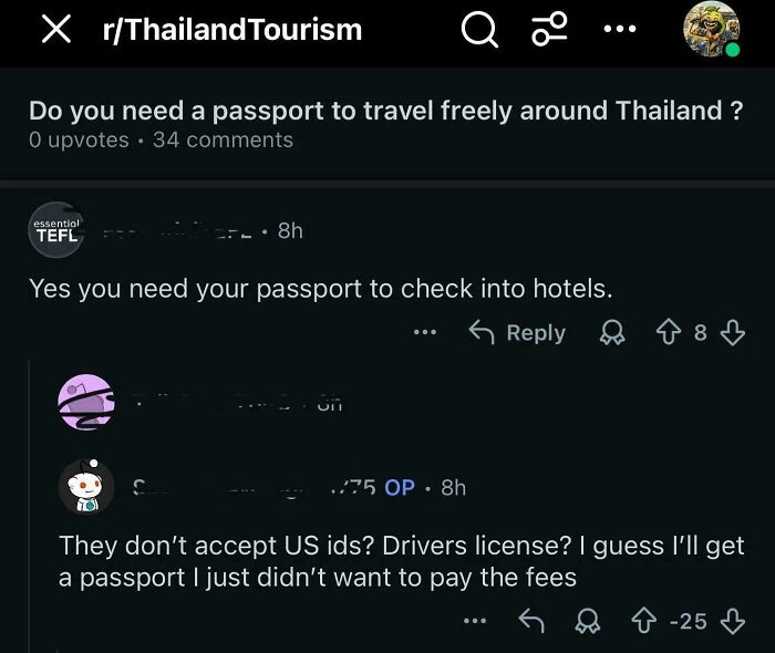 A Reddit post showing Americans Confidently Posted Dumbest Things about needing passports for Thailand.