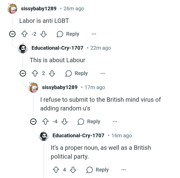 A Reddit thread where Americans confidently post about British political parties and spelling.