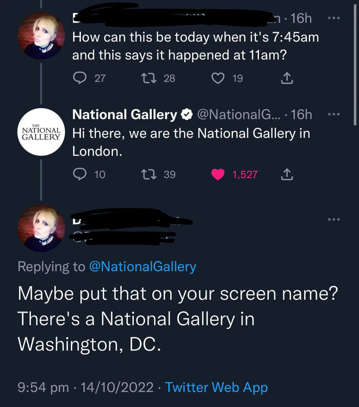 A Twitter interaction with the National Gallery, where Americans confidently post about time zones.