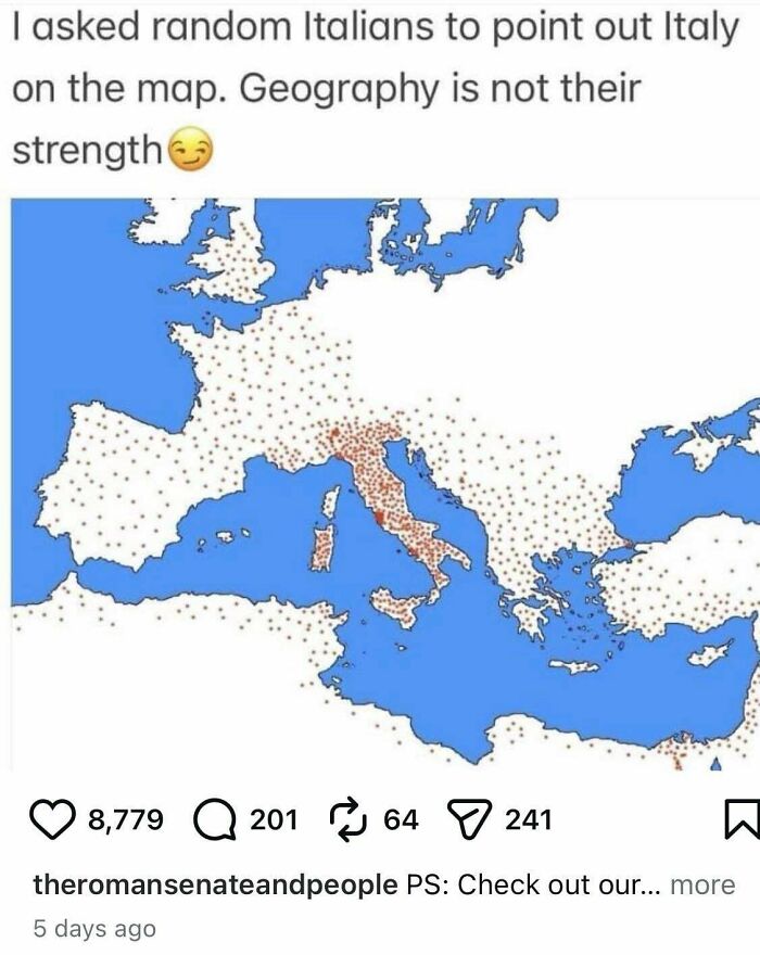 An online map showing where Italians are, showcasing how Americans confidently post incorrect geographic ideas.