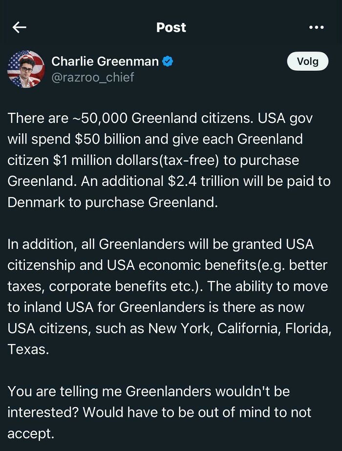 An online post detailing a bizarre US plan to buy Greenland, illustrating how Americans Confidently Posted ideas.