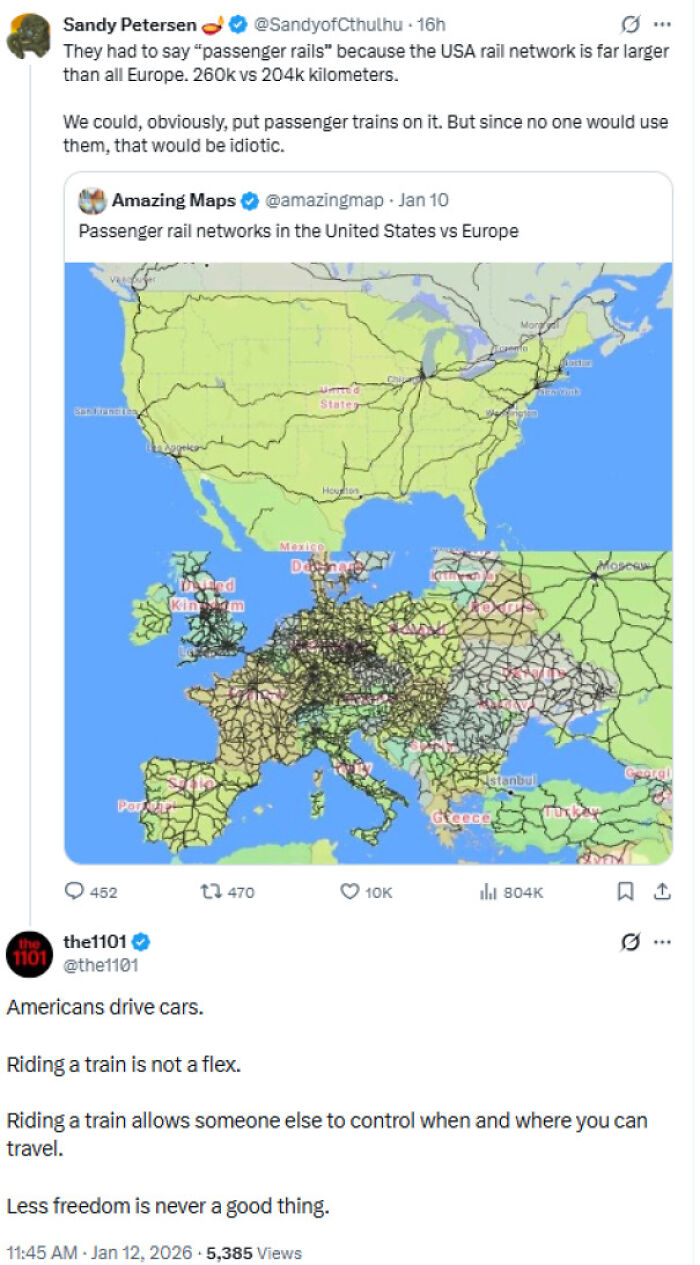 An X post comparing US and European rail networks, illustrating why Americans Confidently Posted funny claims.