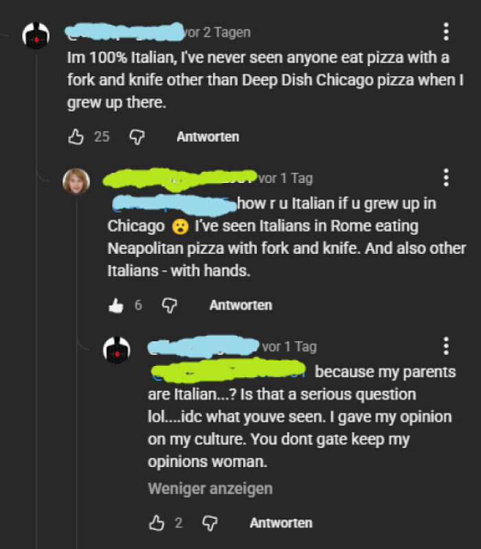 Comment thread showing Americans confidently posted claiming to be 100 percent Italian despite growing up in Chicago.