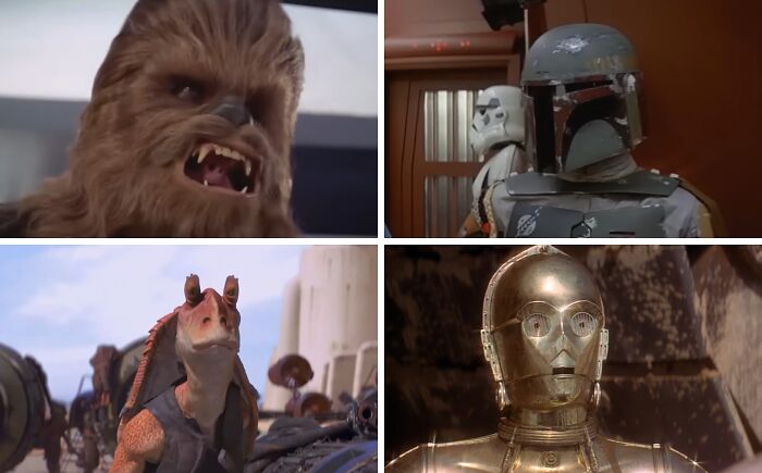 Four Star Wars characters including Chewbacca, Boba Fett, Jar Jar Binks, and C-3PO in movie scenes from the franchise cast.