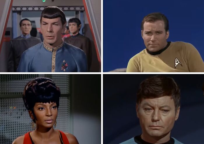 Four characters from the original Star Trek TV show in classic uniforms, part of TV show and movie casts vote discussion.