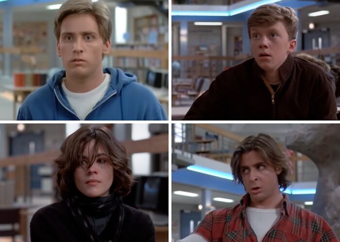 Four characters from a 1980s movie cast in a library setting, related to voting on character removal choices.