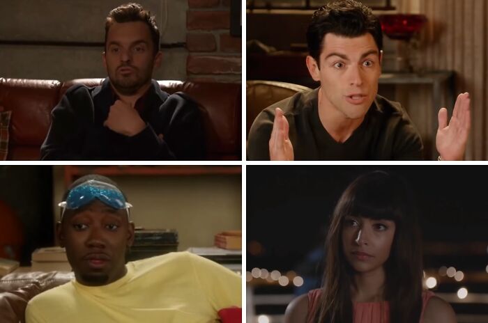 Four TV show characters in different scenes, expressing emotions in a discussion about removing one character from casts.