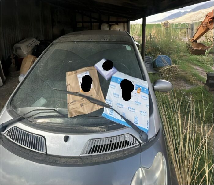 Three delivery confirmation packages placed on a dusty car windshield under a rustic shelter.