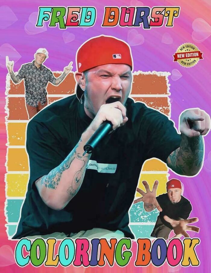 Fred Durst coloring book cover with multiple images of Fred Durst in colorful, retro-styled text and background.