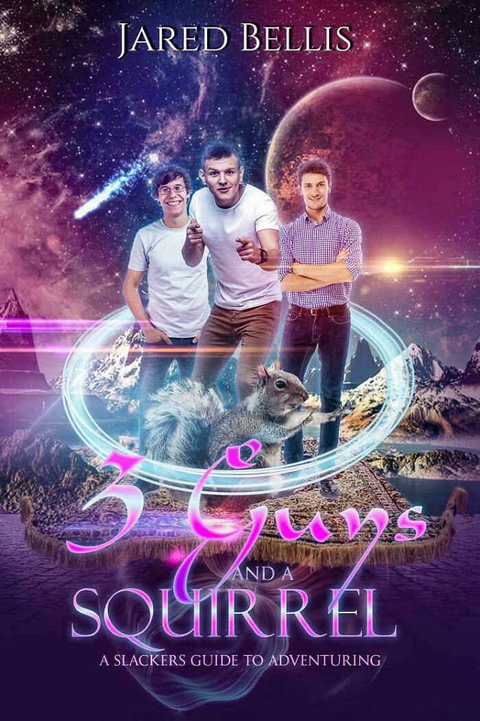 Book cover with three young men and a squirrel in a surreal space scene, showcasing one of the incredibly awful book covers.