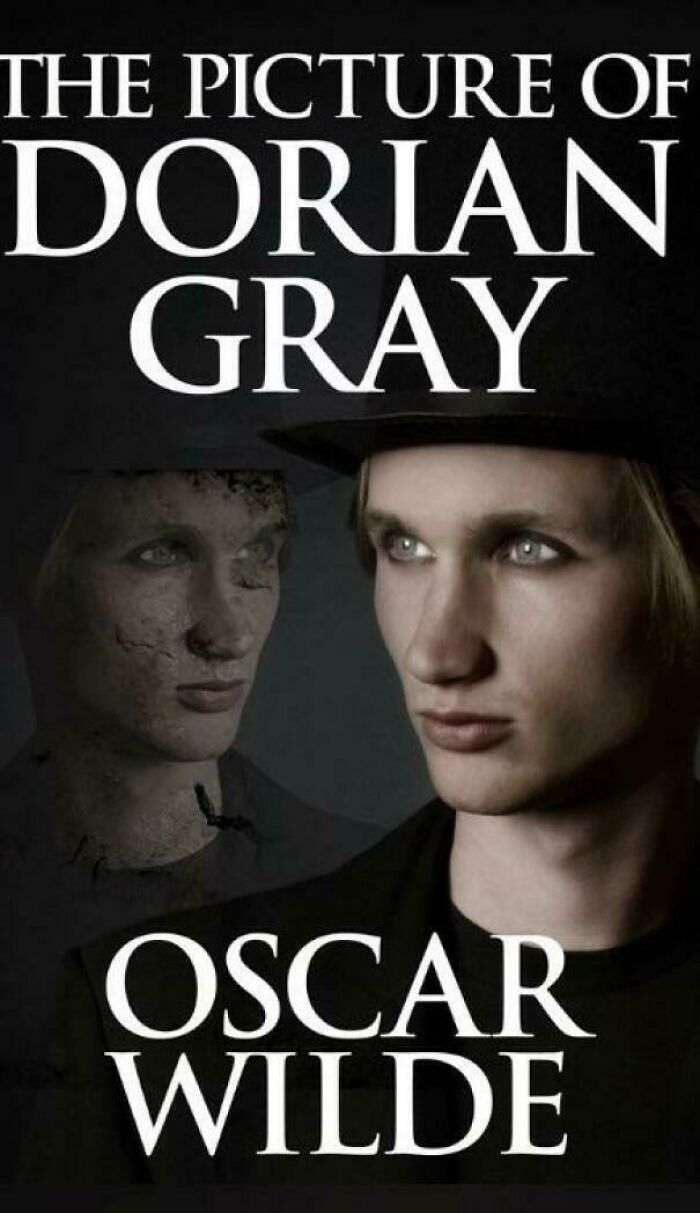 Book cover of The Picture of Dorian Gray with two faces and a dark background, highlighting funny awful book covers.