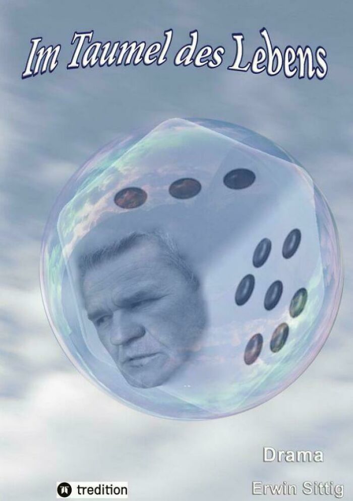 Book cover with a man’s face inside a translucent die floating in a bubble, showcasing an incredibly awful book cover design.