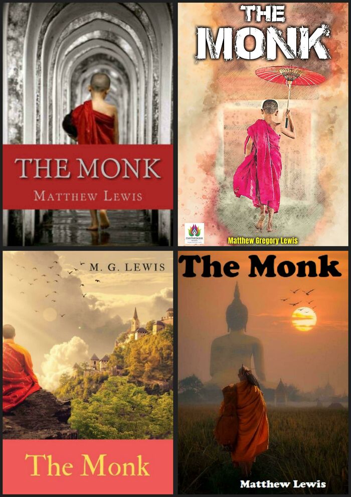 Four different book covers for The Monk by Matthew Lewis, showcasing various artistic styles and monk imagery.