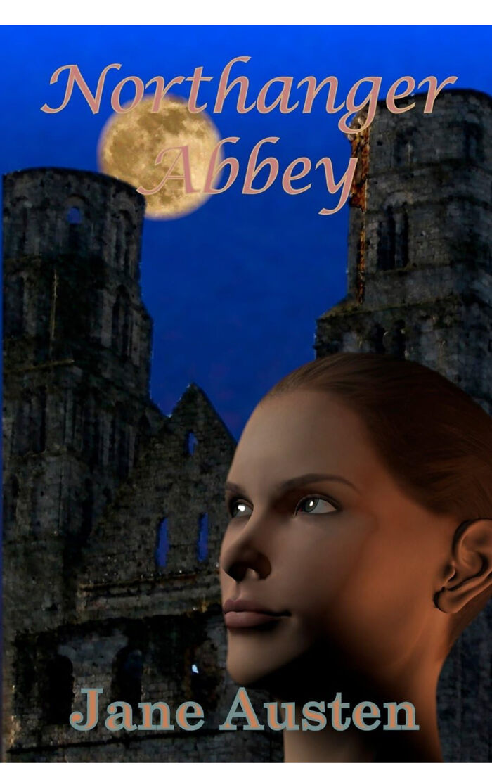 Book cover with poorly rendered face, full moon, and gothic abbey in background, showcasing funny awful book covers.