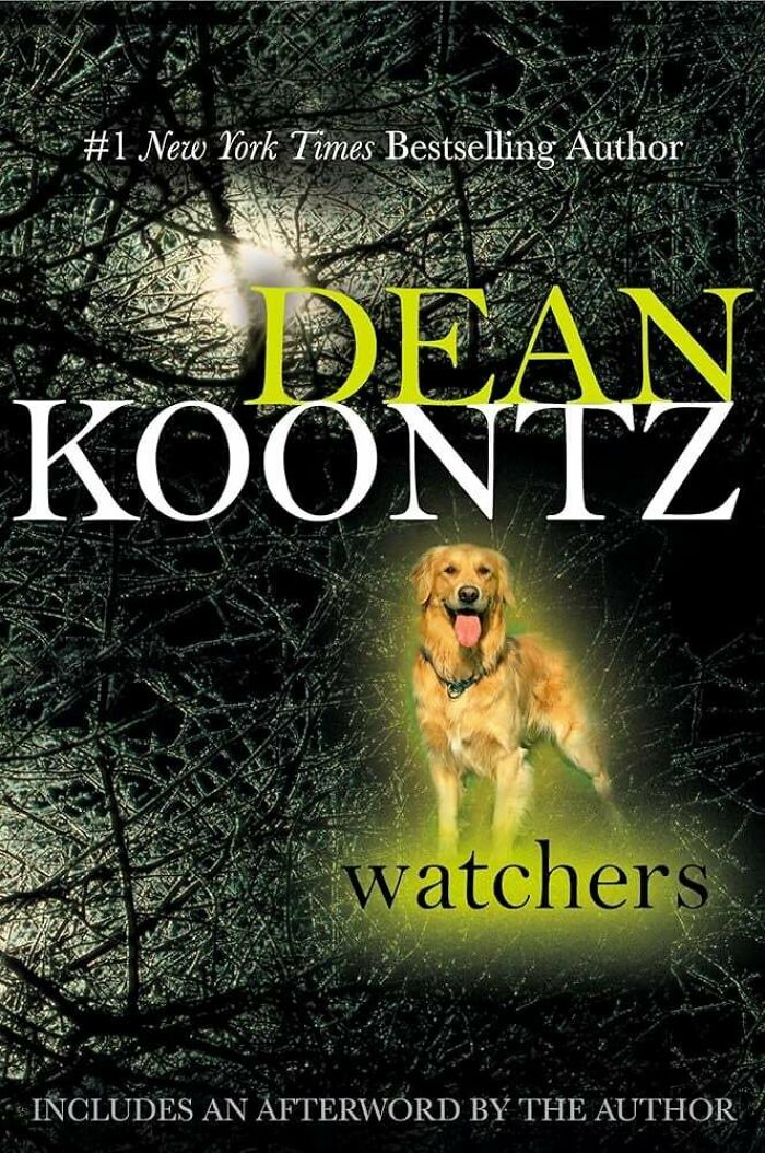Dean Koontz book cover with a glowing dog in a dark tangled forest, an example of funny awful book covers.