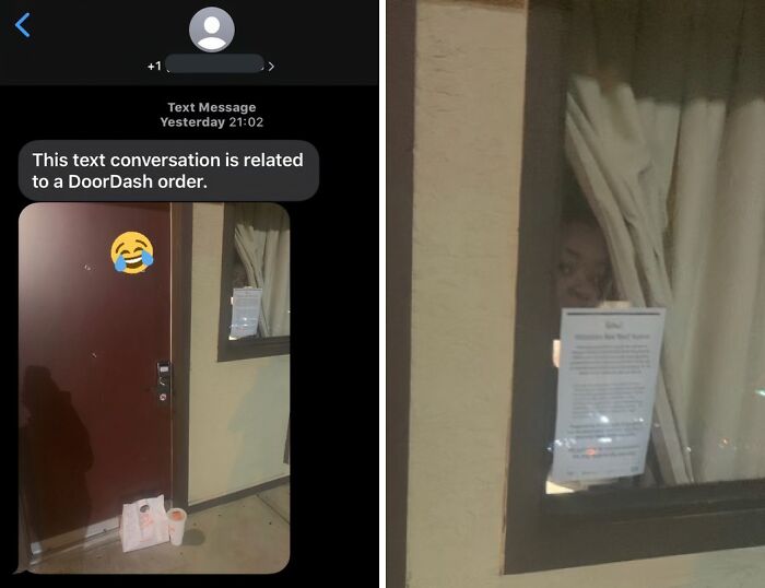 Text message showing a hilarious delivery confirmation pic with food left by the door and a person peeking through a window.