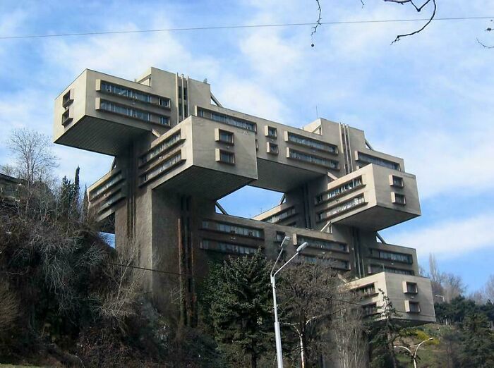 An angular, cantilevered concrete building, a unique structure for an evil mastermind to plan world conquest.