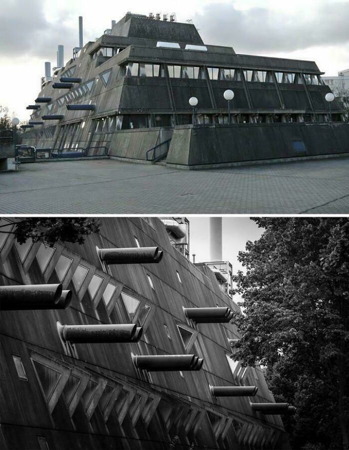 A two-part image showing a pyramid-shaped concrete building, possibly an evil mastermind's base, with many triangular windows.